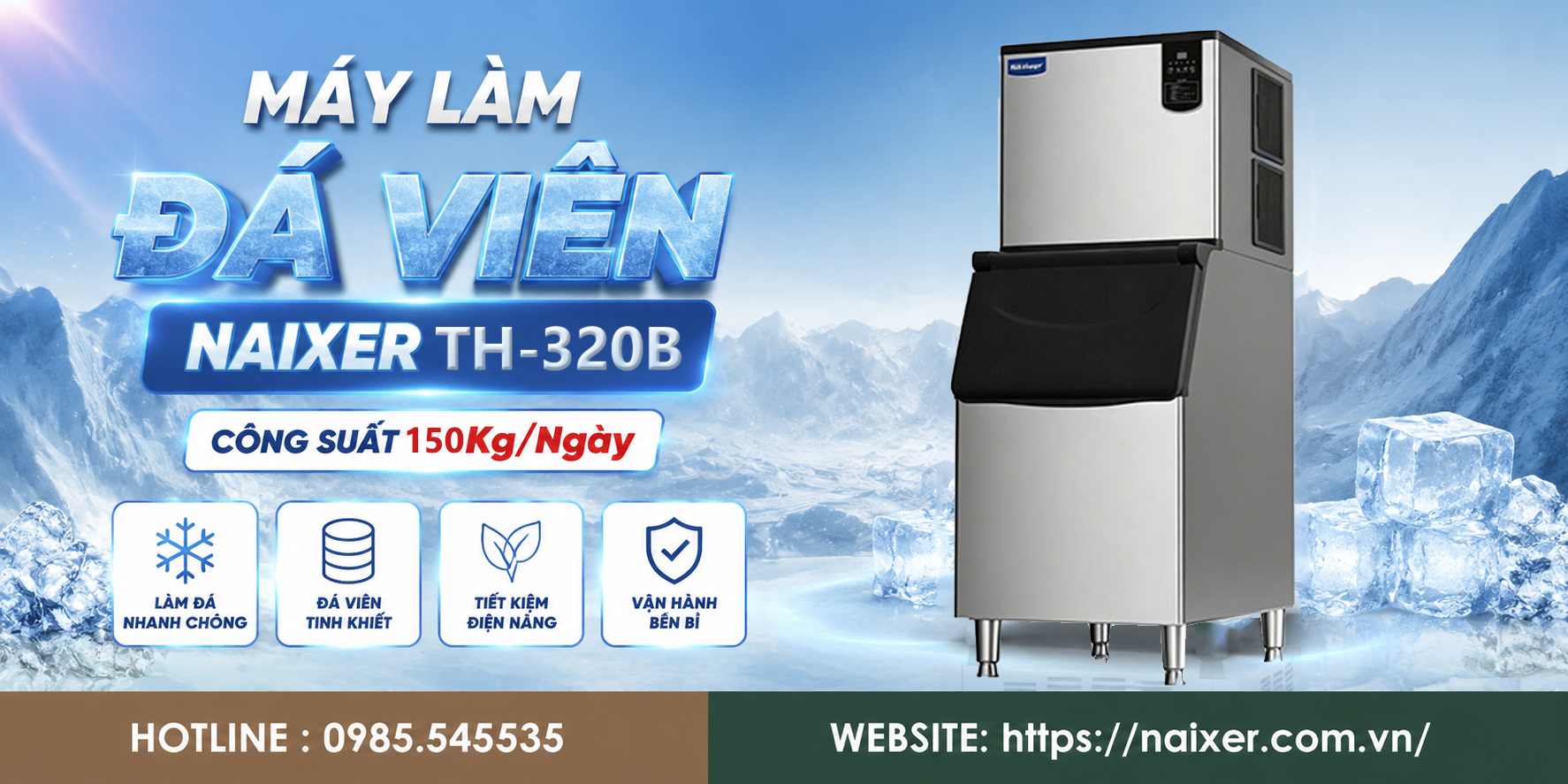 Máy làm đá NAIXER 150 Kg giải pháp tự chủ đá sạch cho các quán F&B vừa và nhỏ